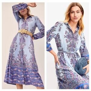 NWOT LOFT Blue Paisley Midi Fluid Woven Fluttery Flounce Skirt Shirtdress Sz S